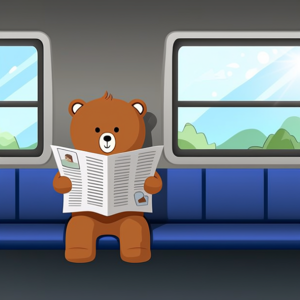 可爱的泰迪熊在公共汽车上读报纸