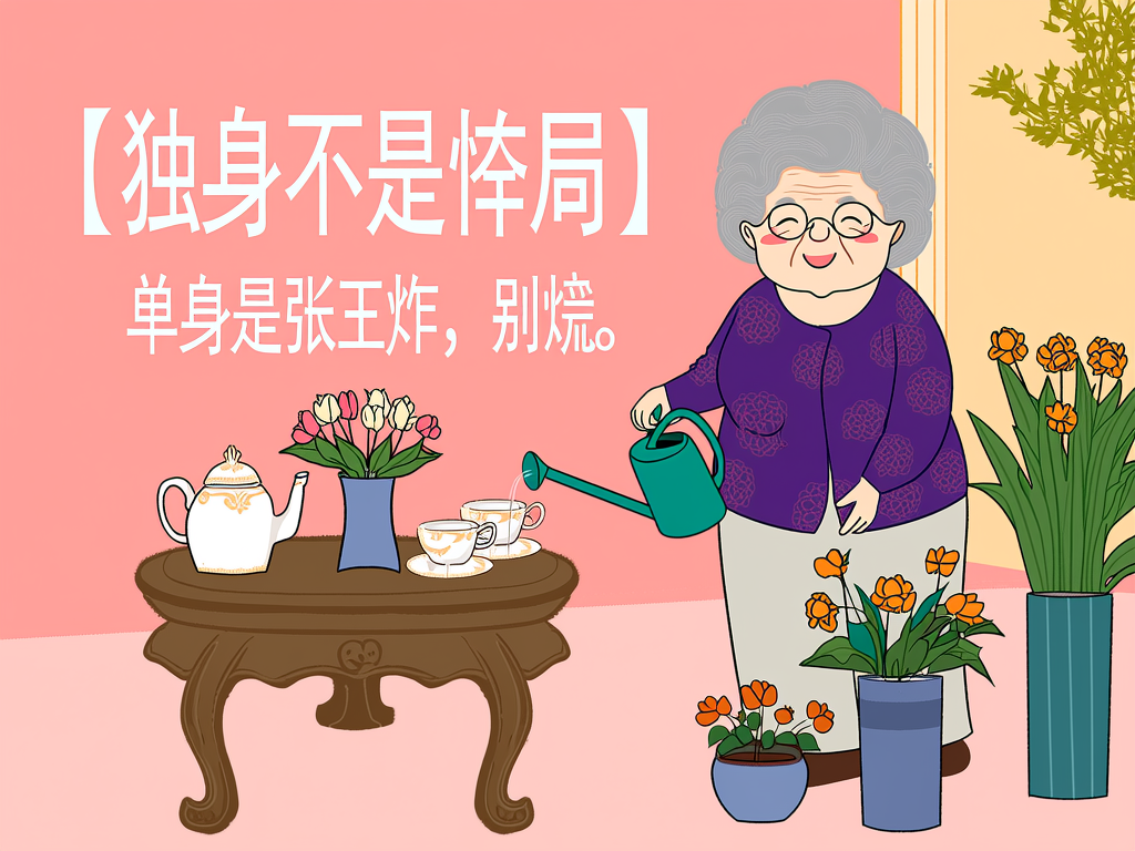 有一位戴着眼镜、头发灰白的老奶奶，她穿着紫色上衣，正在院子里浇花，有茶几，有鲜艳的鲜花。文字内容是“【独身不是残局】  
单身是张王炸，别慌。”，文字为白色细体手写风格。采用简洁的卡通插画风格，人物和物体的线条简单流畅，色彩明快且饱和度适中。以粉色为背景主色调，搭配人物和物体的多彩颜色，整体和谐具有视觉吸引力。 